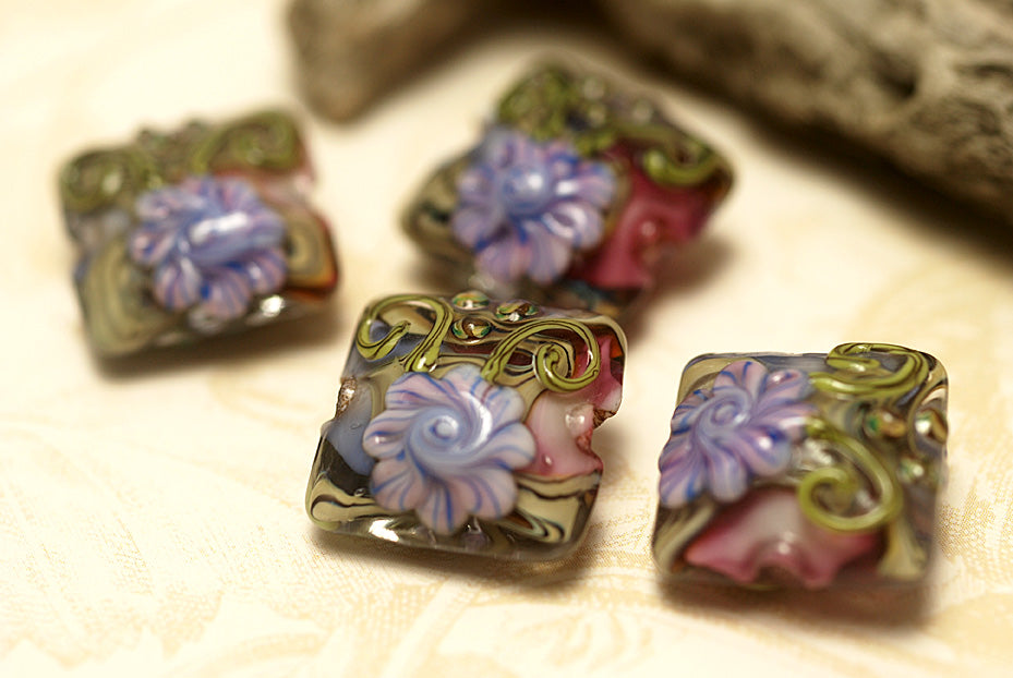 10108314 - Four Hot Pink w/Purple Floral Pillow Beads