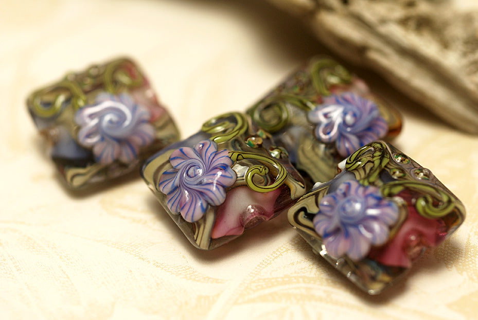 10108314 - Four Hot Pink w/Purple Floral Pillow Beads