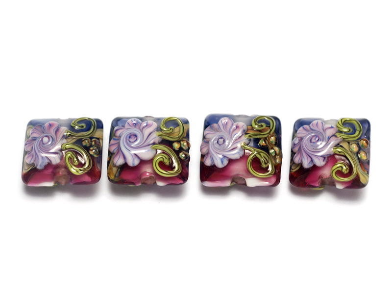 10108314 - Four Hot Pink w/Purple Floral Pillow Beads