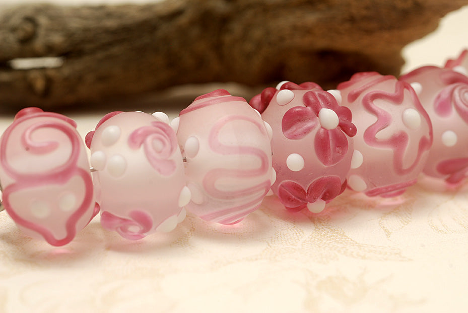 10108501 - Seven Pink/White Frosted Rondelle Beads