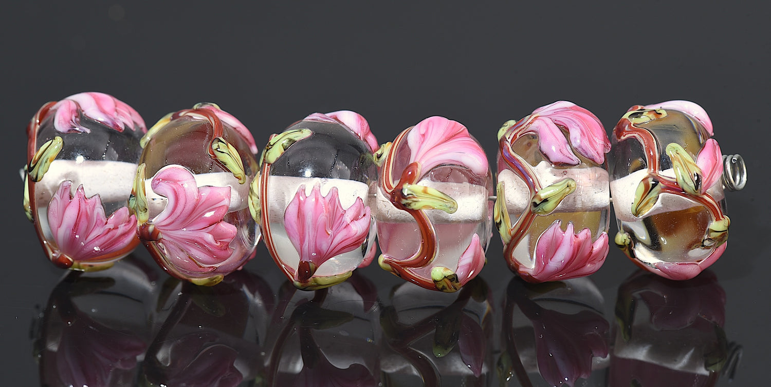 10110621 - Six Blushing Magnolia Rondelle Beads