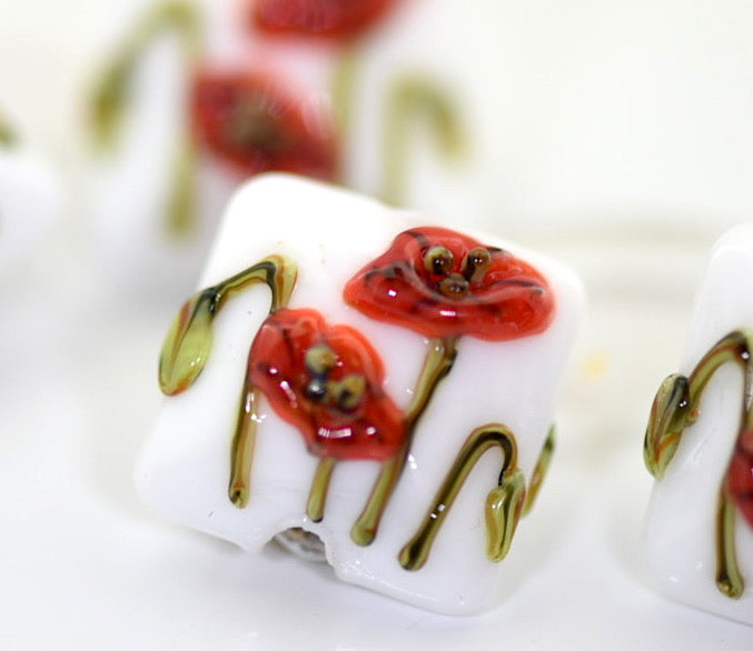 California Poppy Flower Glass Pillow Beads