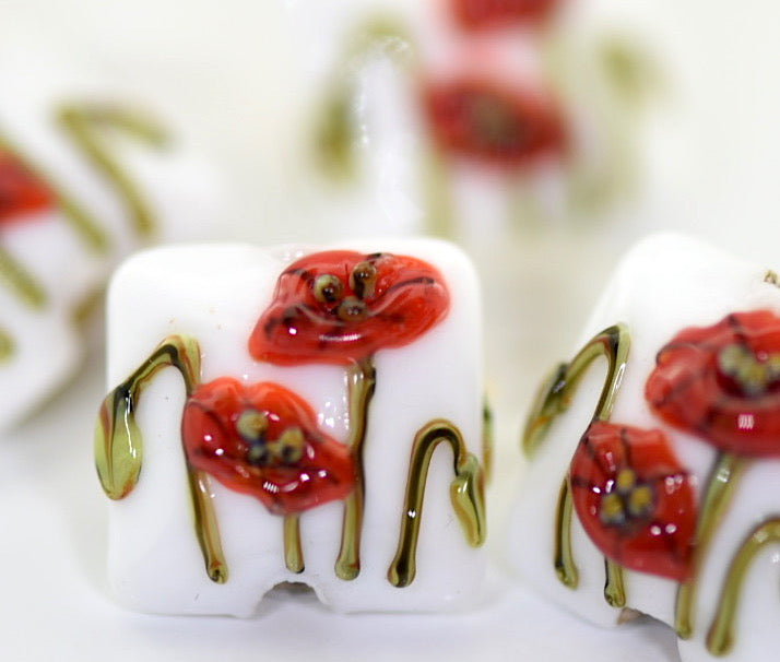 California Poppy Flower Glass Pillow Beads