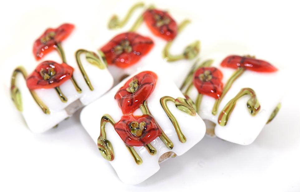 California Poppy Flower Glass Pillow Beads