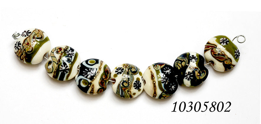 10305802 - Seven Green w/Ivory Japanese Kimono Lentil Beads