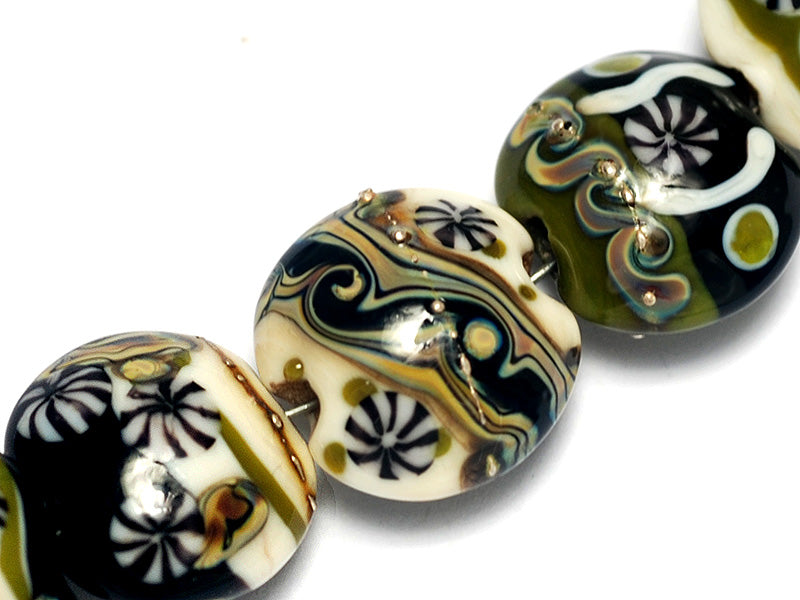 10305802 - Seven Green w/Ivory Japanese Kimono Lentil Beads