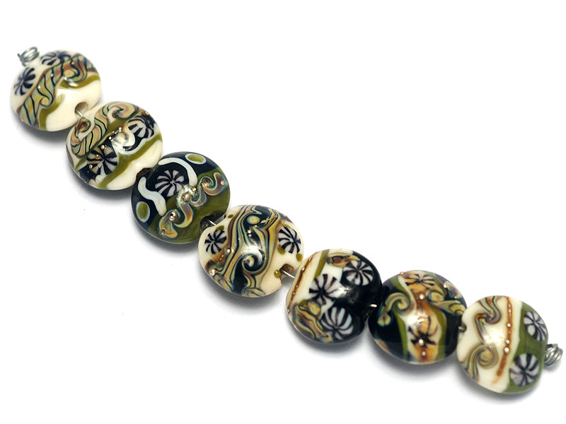 10305802 - Seven Green w/Ivory Japanese Kimono Lentil Beads