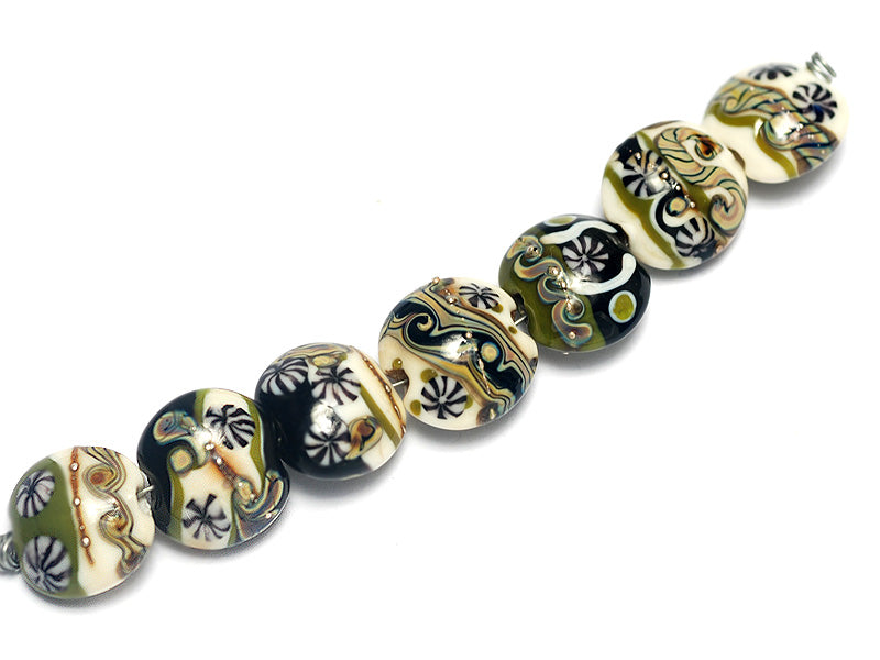 10305802 - Seven Green w/Ivory Japanese Kimono Lentil Beads