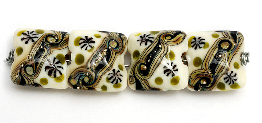 10305814 - Four Green w/Ivory Japanese Kimono Pillow Beads