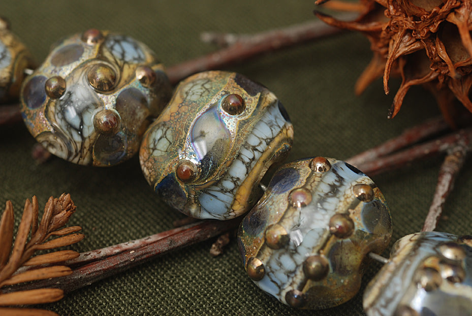 10406602 - Seven Gray Blue w/Silver Foil Lentil Beads