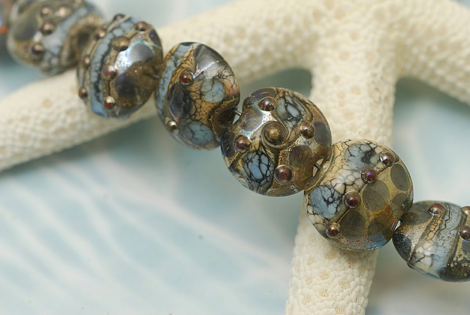 10406602 - Seven Gray Blue w/Silver Foil Lentil Beads