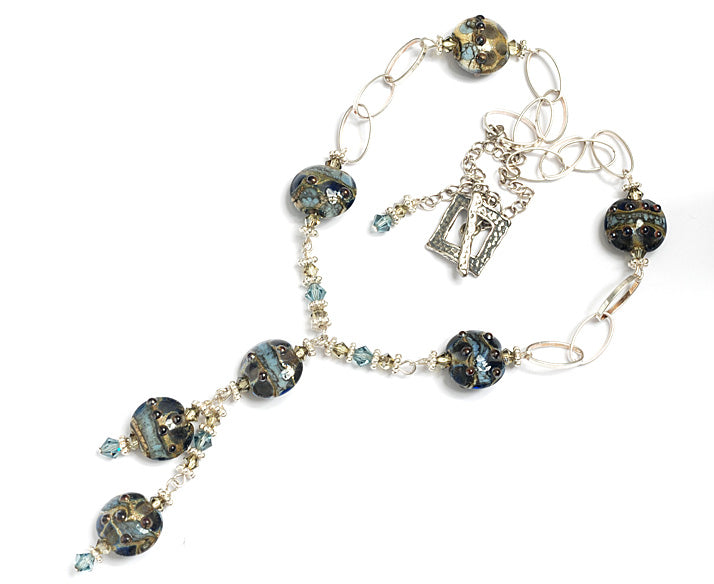 10406602 Necklace using Gray Blue w/Silver Foil Lentil Beads
