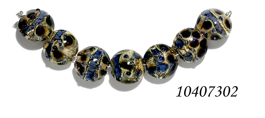 10407302 - Seven Black w/Ink Blue Silver Foil Lentil Beads