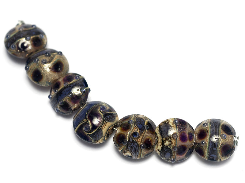 10407302 - Seven Black w/Ink Blue Silver Foil Lentil Beads