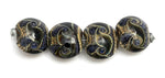 10407312 - Four Black w/Ink Blue Silver Foil Lentil Beads