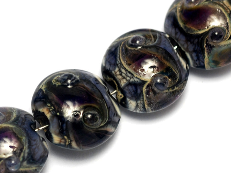 10407312 - Four Black w/Ink Blue Silver Foil Lentil Beads