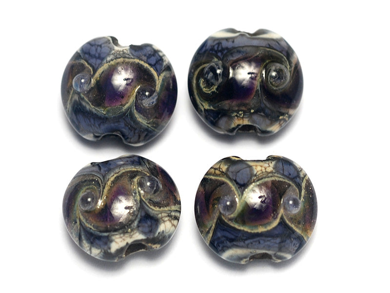 10407312 - Four Black w/Ink Blue Silver Foil Lentil Beads