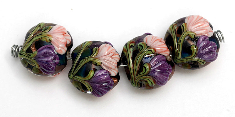 10407412 - Four Pink & Purple Floral Lentil Beads