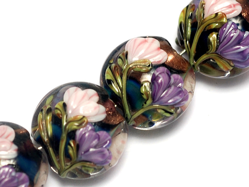 10407412 - Four Pink & Purple Floral Lentil Beads
