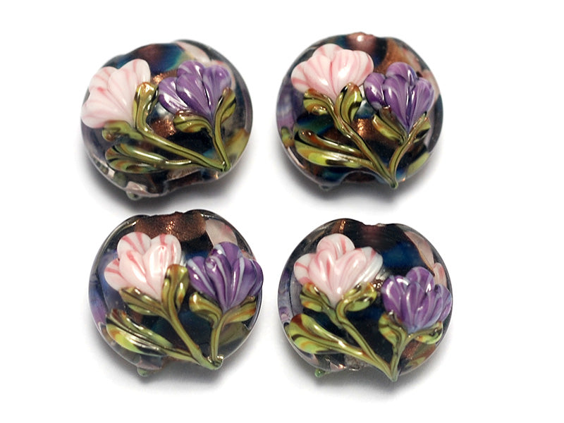 10407412 - Four Pink & Purple Floral Lentil Beads