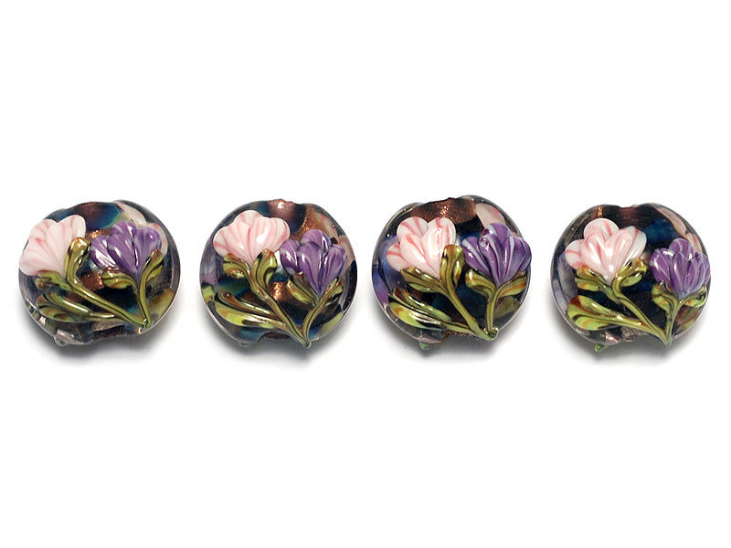 10407412 - Four Pink & Purple Floral Lentil Beads
