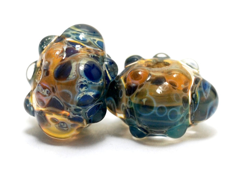 10409431 - Pair of Blue & Orange Boro Rondelle Beads