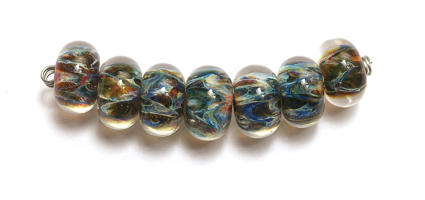 10409501 - Seven Blue/Multi-colors Boro Rondelle Beads