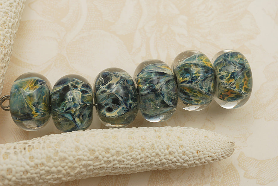 10409721 - Six Blue w/Yellow Orange Rondelle Beads