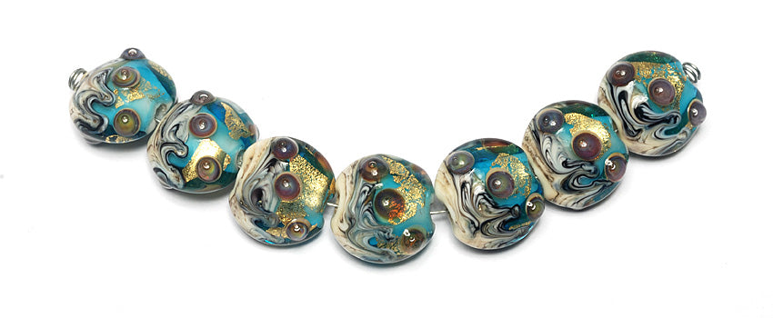 10409902 - Seven Aqua Treasure Lentil Beads