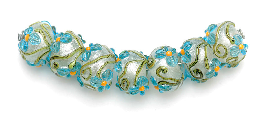 10411301 - Seven Maya Blue Flower Rondelle Beads