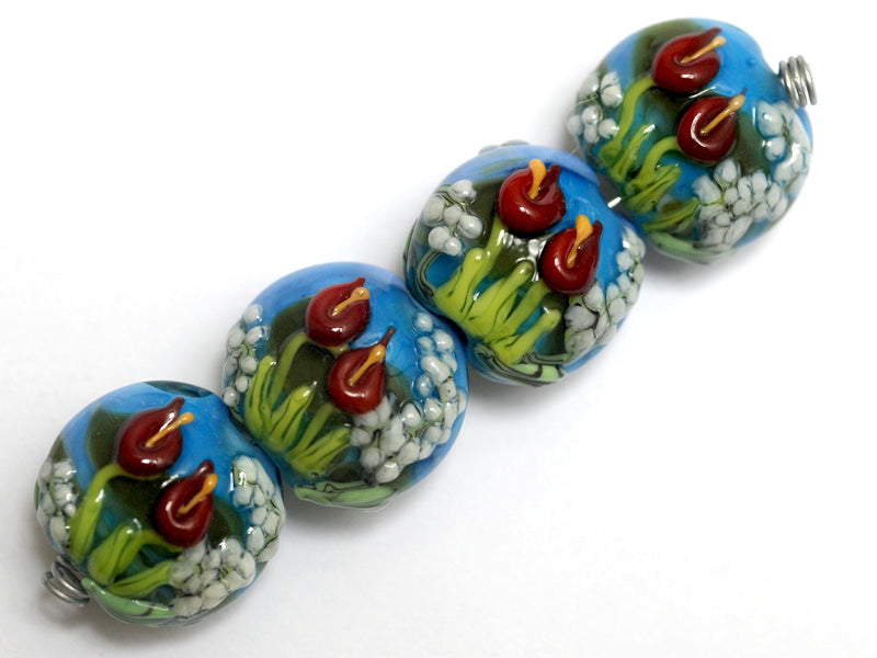 10414112 - Four Red Calla Lily Lake Lentil Beads