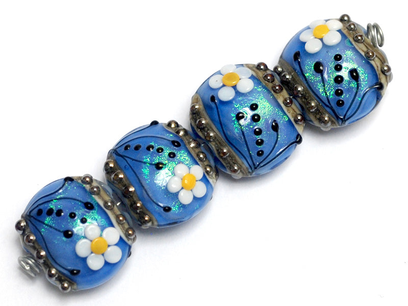 10414212 - Four Arctic Blue Florals Lentil Beads