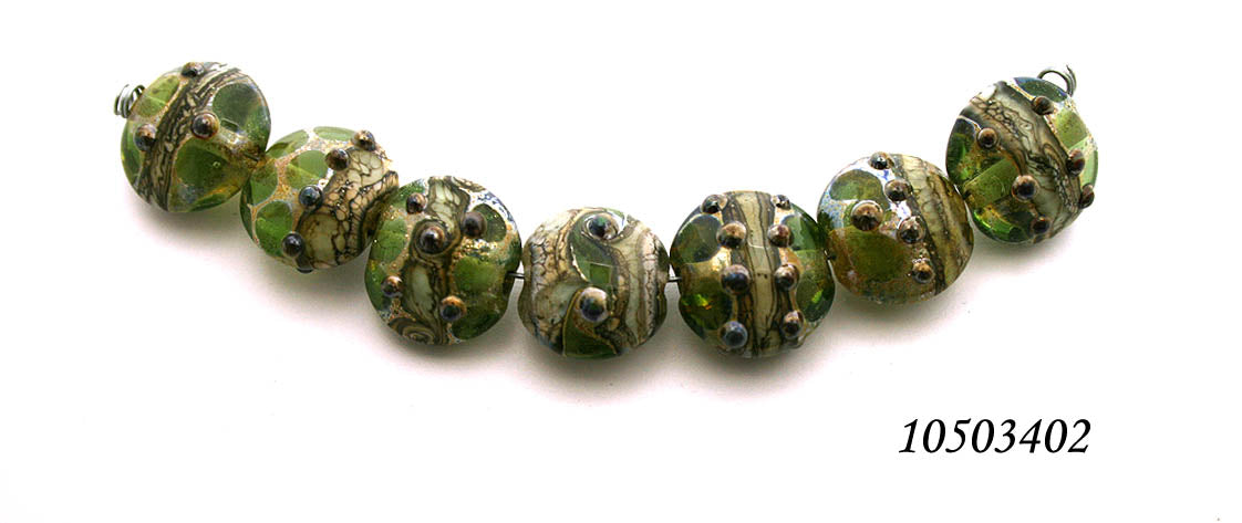 10503402 - Seven Green w/Silver Foil Lentil Beads