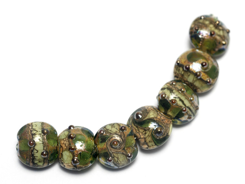 10503402 - Seven Green w/Silver Foil Lentil Beads