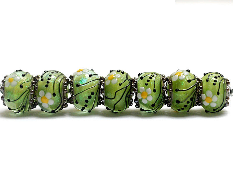 10508401 - Seven Spring Green Florals Rondelle Beads
