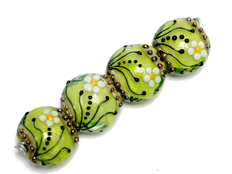 10508412 - Four Spring Green Florals Lentil Beads