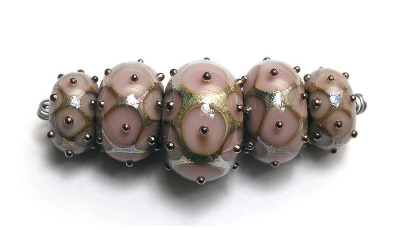 10602811 - Five Lavender Pink w/Metal Dots Grad Rondelle Beads