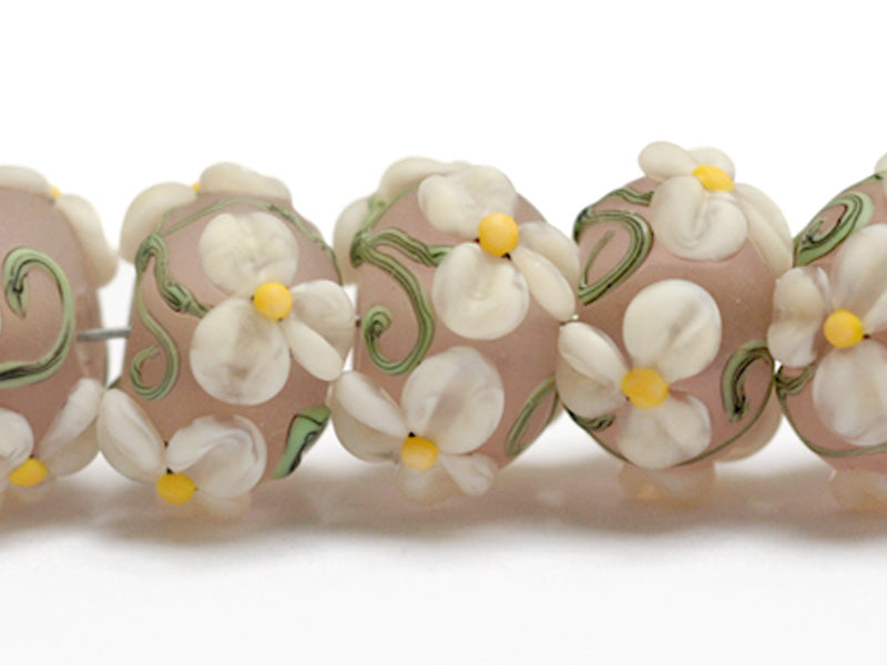 10603701 - Seven Four Pink Floral on Frosted Glass Rondelle Beads