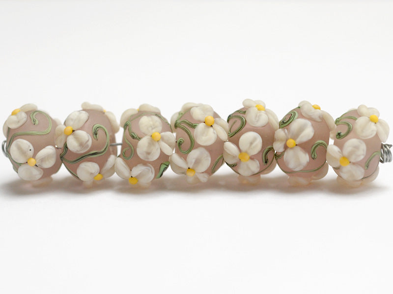 10603701 - Seven Four Pink Floral on Frosted Glass Rondelle Beads