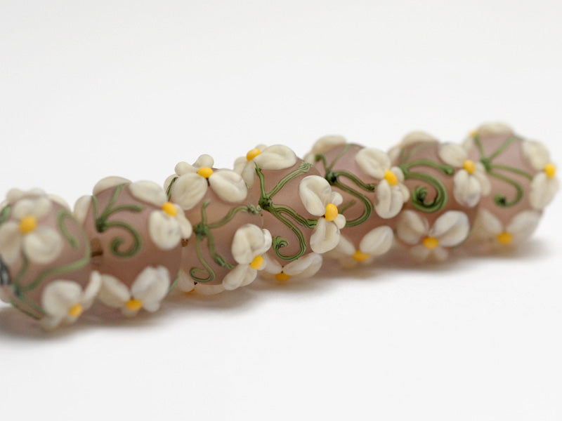 10603701 - Seven Four Pink Floral on Frosted Glass Rondelle Beads