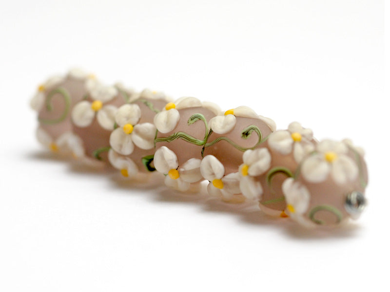 10603701 - Seven Four Pink Floral on Frosted Glass Rondelle Beads