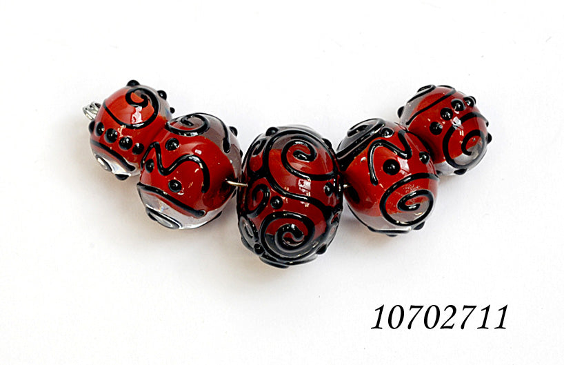 10702711 - Five Graduated Red Core w/Black Strips Rondelle Beads