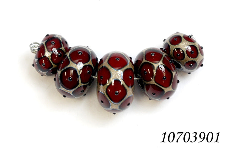 10703901 - Five Graduated Red w/Black Dots Rondelle Beads