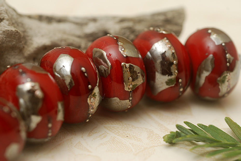 10704221 - Six Regal Red Metallic Rondelle Beads