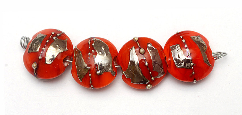 10705012 - Four Electric Orange Metallic Lentil Beads