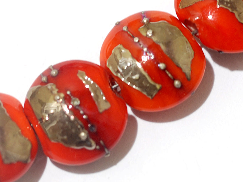 10705012 - Four Electric Orange Metallic Lentil Beads