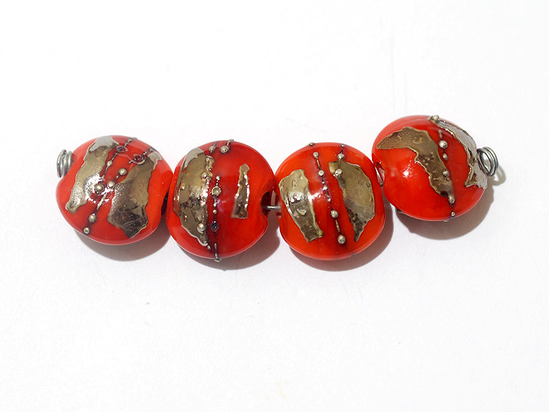 10705012 - Four Electric Orange Metallic Lentil Beads