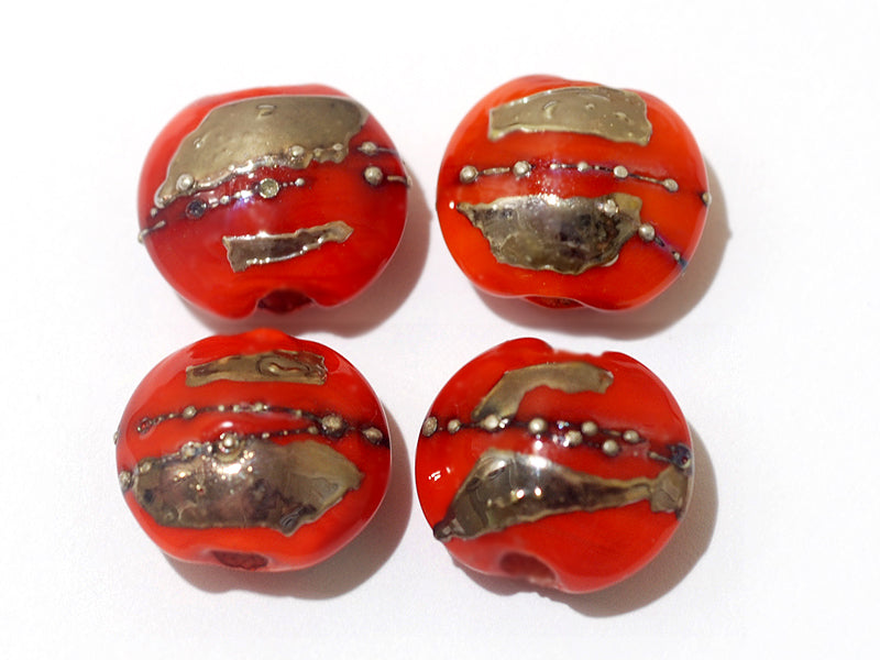 10705012 - Four Electric Orange Metallic Lentil Beads