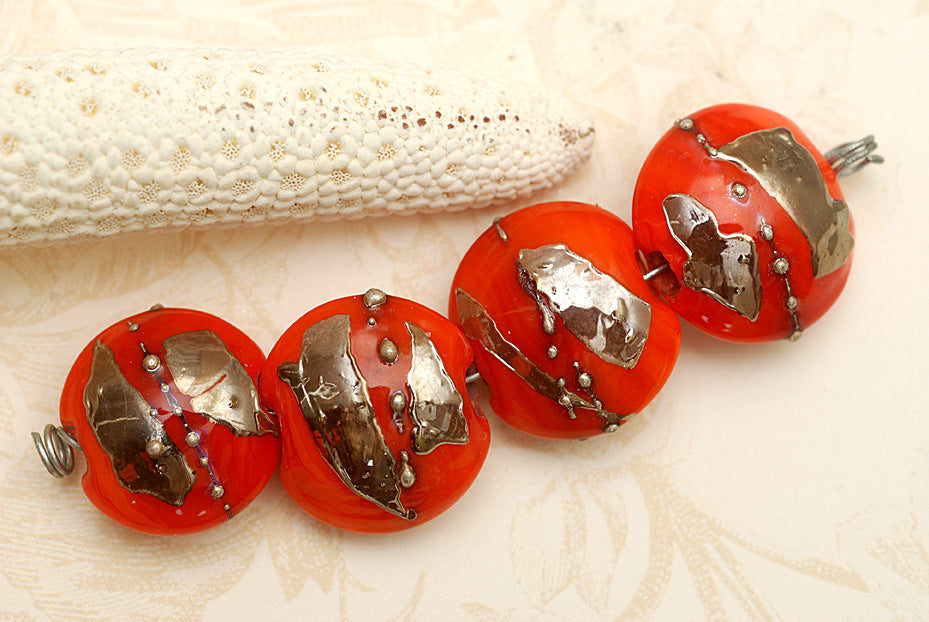 10705012 - Four Electric Orange Metallic Lentil Beads