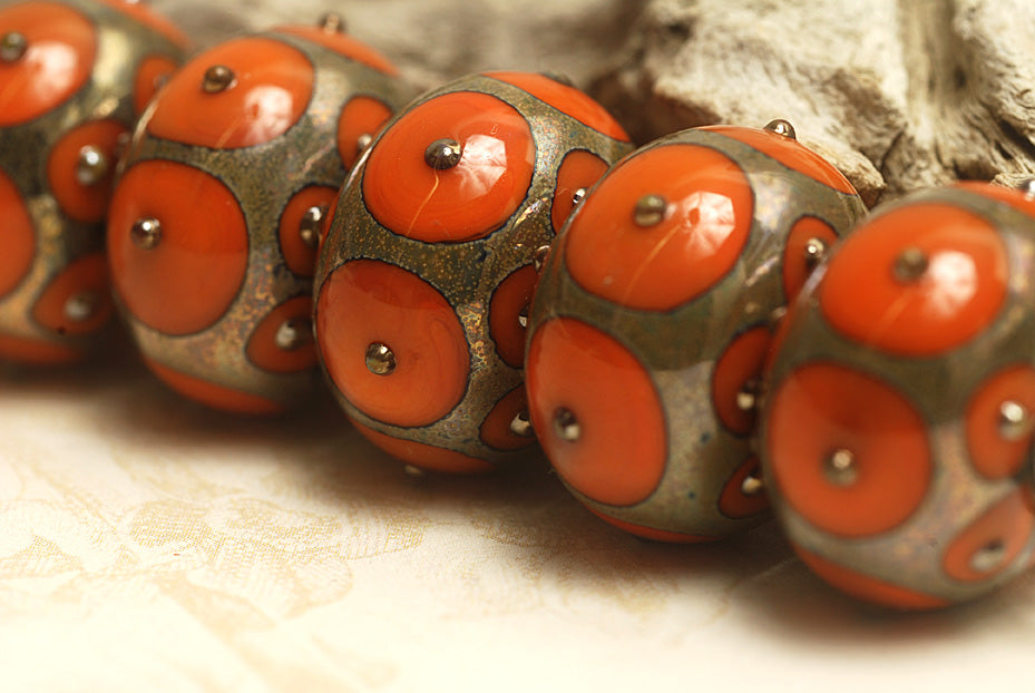 10705221 - Six Coral w/Metal Dots Rondelle Beads